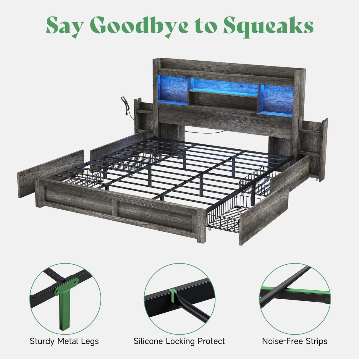 AMERLIFE King Size Bed Frame with 4 Storage Drawers, LED Bed Frame with 49“ Tall Bookcase Headboard, Wood Platform Bed with Charging Station & 2 Slide Bedside Shelf, No Box Spring Needed/Rustic Grey AMERLIFE