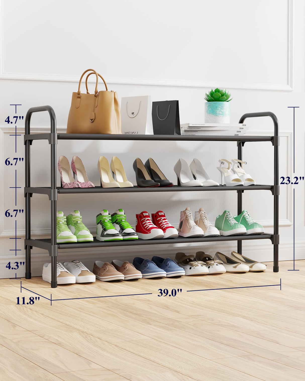 Kitsure Extra-Long Shoe Rack for Closet, Shoe Organizer for Front Door Entrance, Stackable Shoe Shelf, Detachable Closet Organizers and Storage, 39.0" Wide - 3 Tier, Black Kitsure
