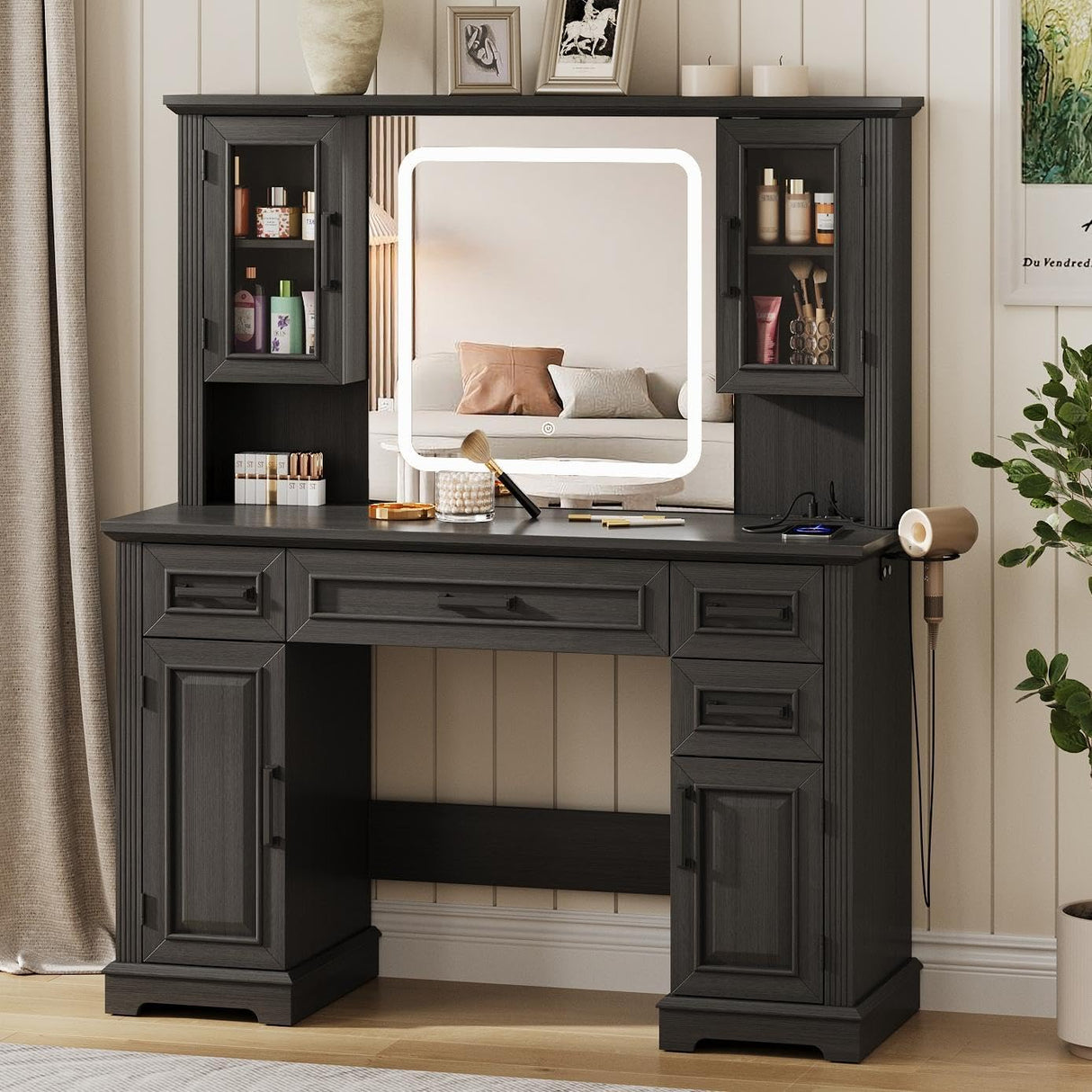Maupvit Farmhouse Vanity Desk with Mirror and Lights, Makeup Vanity Table with Charging Station, 45" Bedroom Table with 4 Drawers and Cabinets, 3 Lighting Modes, Black Maupvit