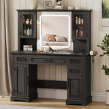 Maupvit Farmhouse Vanity Desk with Mirror and Lights, Makeup Vanity Table with Charging Station, 45" Bedroom Table with 4 Drawers and Cabinets, 3 Lighting Modes, Black Maupvit