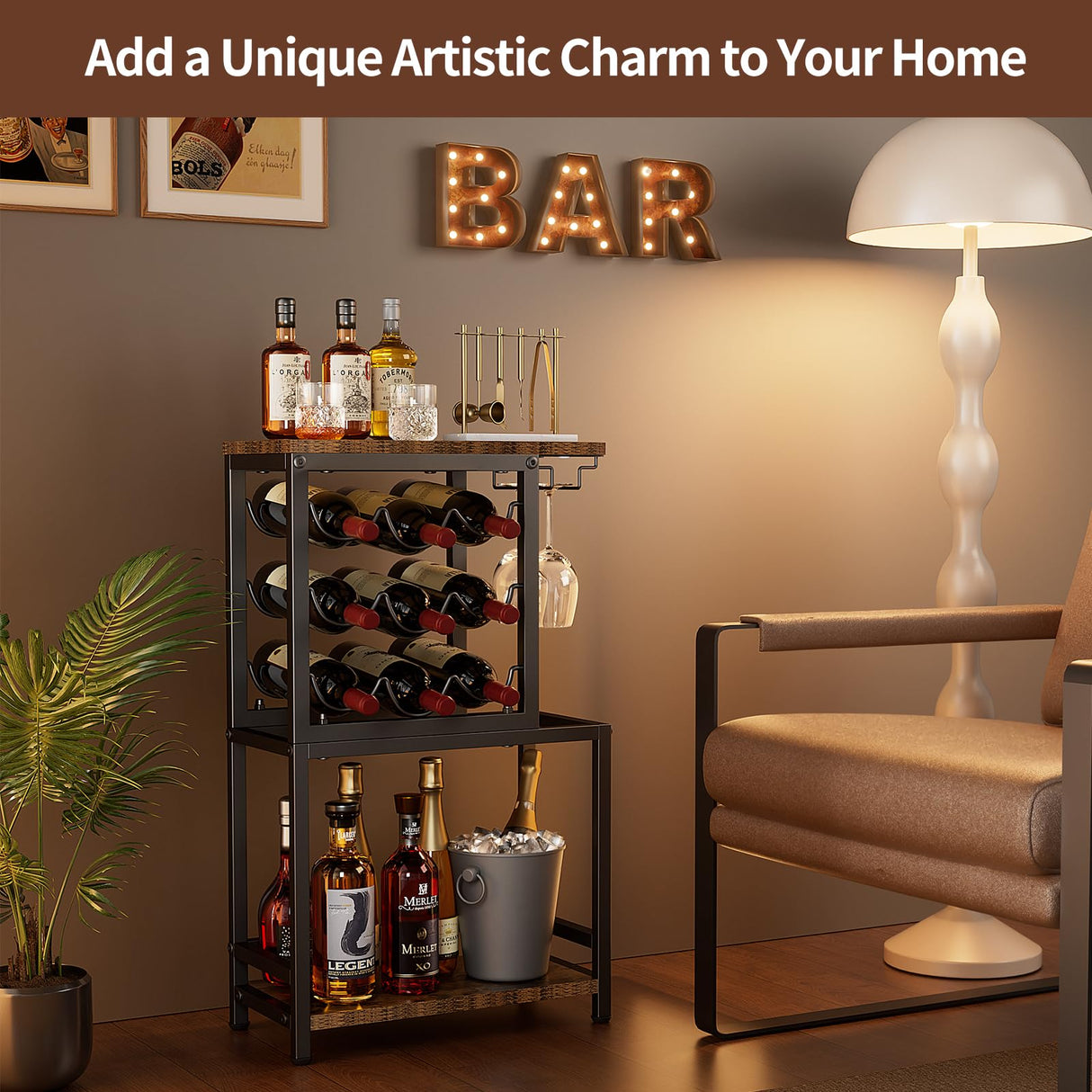 Nuovoware Wine Rack Freestanding Floor, 3 Tier Wine Rack Tabletop with Glasses Holder, Versatile Liquor Stand for Home Bar, Mini Bar Table Corner Liquor Whiskey Wine Display Stand, Black+Brown Nuovoware