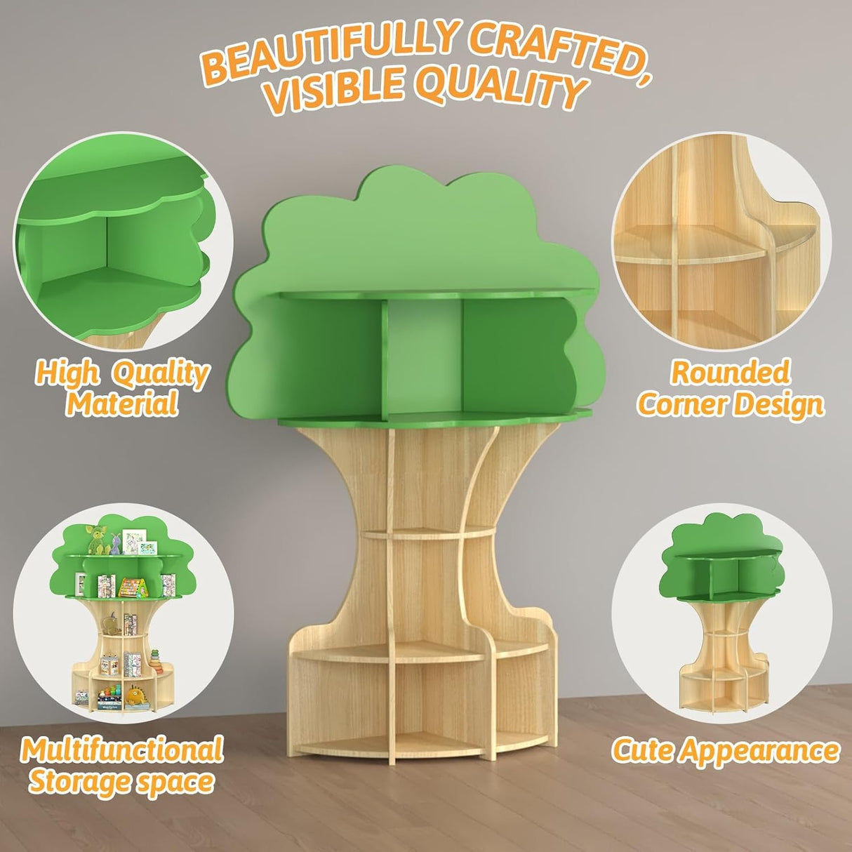 NKUGCFC 5-Tier Tree Bookshelf for Kids, Wooden Montessori Bookshelf with Toy Storage, Children’s Bookcase Organizer for Playroom or Nursery NKUGCFC