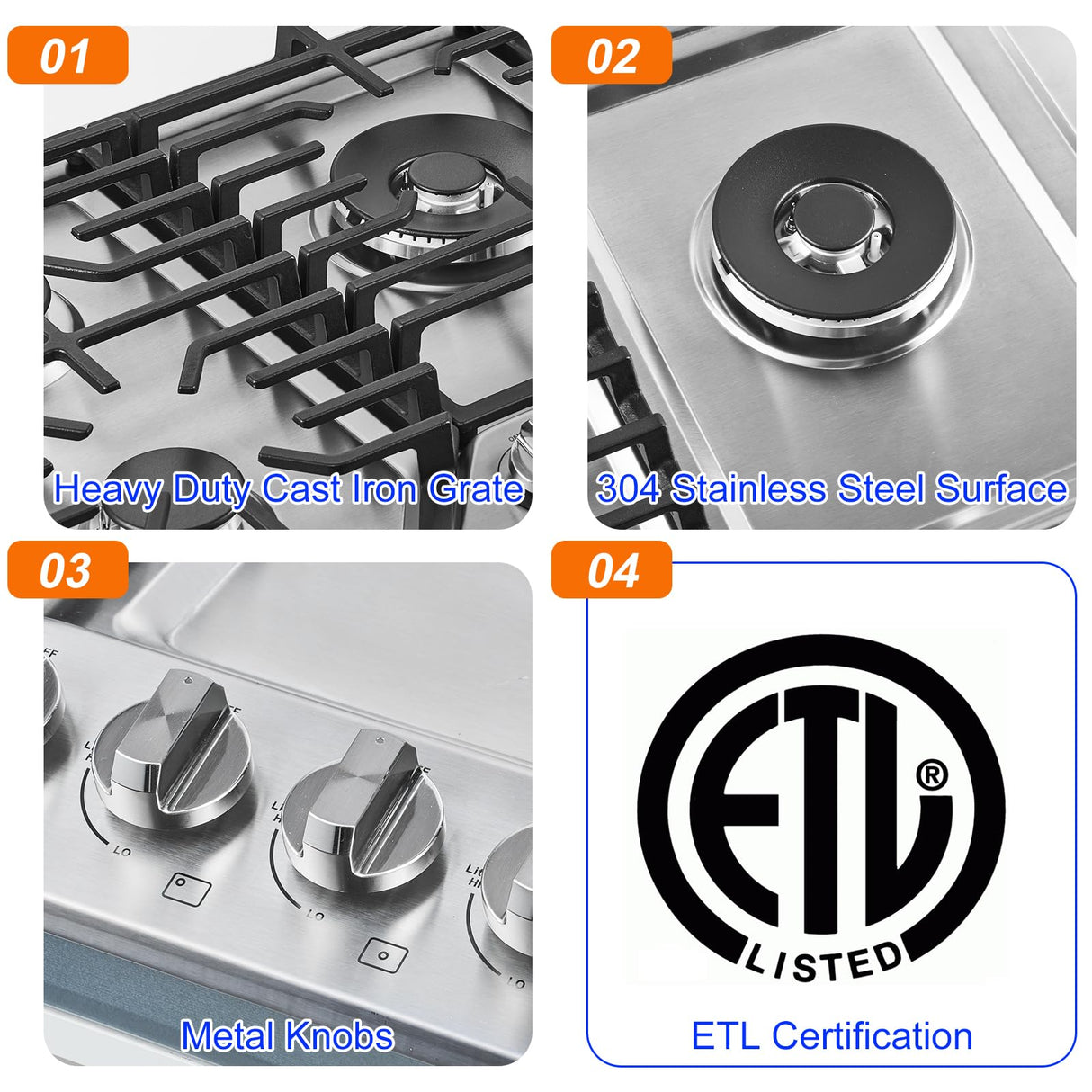 AMZCHEF 30 inch Gas Cooktop with 5 Made in Italy SABAF Power Burners.Max 48,300 BTU/hr Built-in Gas Stove top of 304 Stainless steel,NG/LPG Convertible, ETL. amzchef