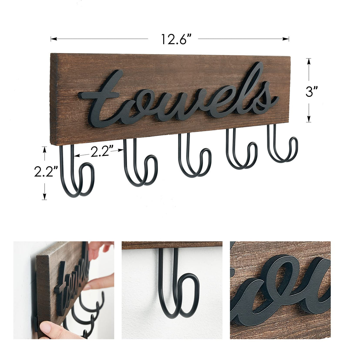 Mkono Towel Holder Wall Mounted Towel Racks for Bathroom Farmhouse Decor Rustic Wood Towel Hooks Hang Towels Bathrobe Coat Clothing 12.6" x 5.2" Bath Towel Hanger Storage Organizer Mkono