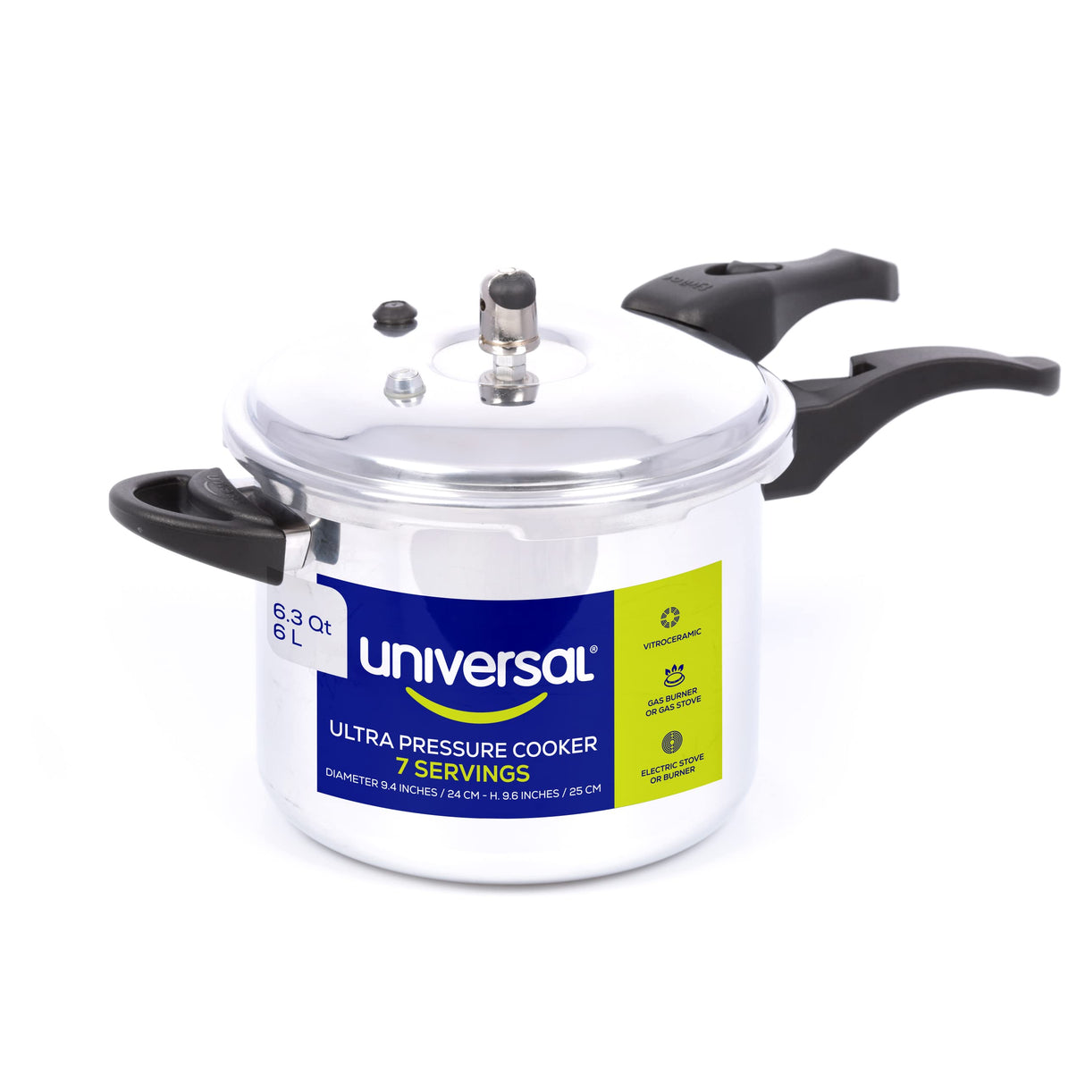 Universal 6.3 Quart / 6 Liter Anti-Rust Ultra Pressure Cooker, Aluminum Pressure Cooker for 7 Servings, Pressure Cooker for Canning, Even Heat Distribution, Diameter 9.4 inches, Height 9.6 inches universal