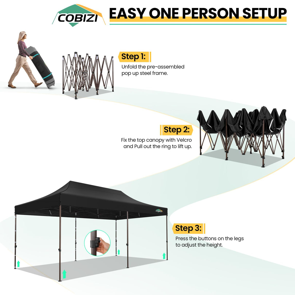 COBIZI 10x20 Pop up Canopy Without Sidewall Heavy Duty Commercial Outdoor Gazebo Easy Up Wedding Party Tents for Parties with Roller Bag, All Season Wind & Waterproof UPF50+(Upgrade Hexagonal Tube) COBIZI