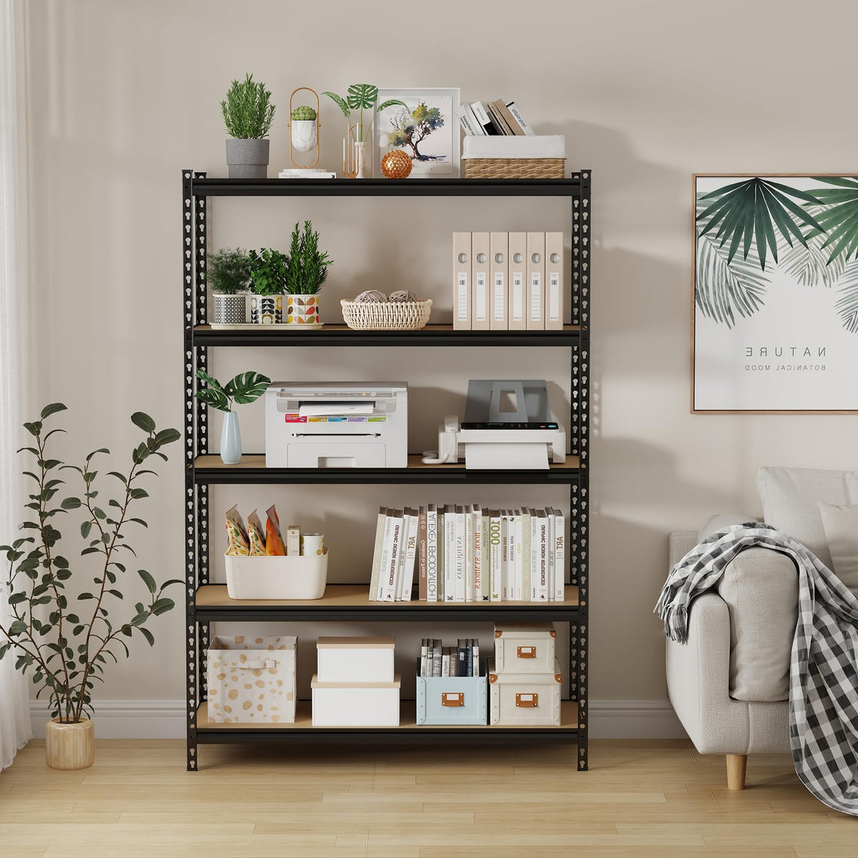 GarveeTech 5 Tier Garage Storage Shelves, Heavy Duty Utility Shelves Metal Shelving Unit, 48"L x 18"W x 73"H Adjustable Storage Shelves Utility Rack for Garage Kitchen Basement Pantry Laundry, Black GarveeTech