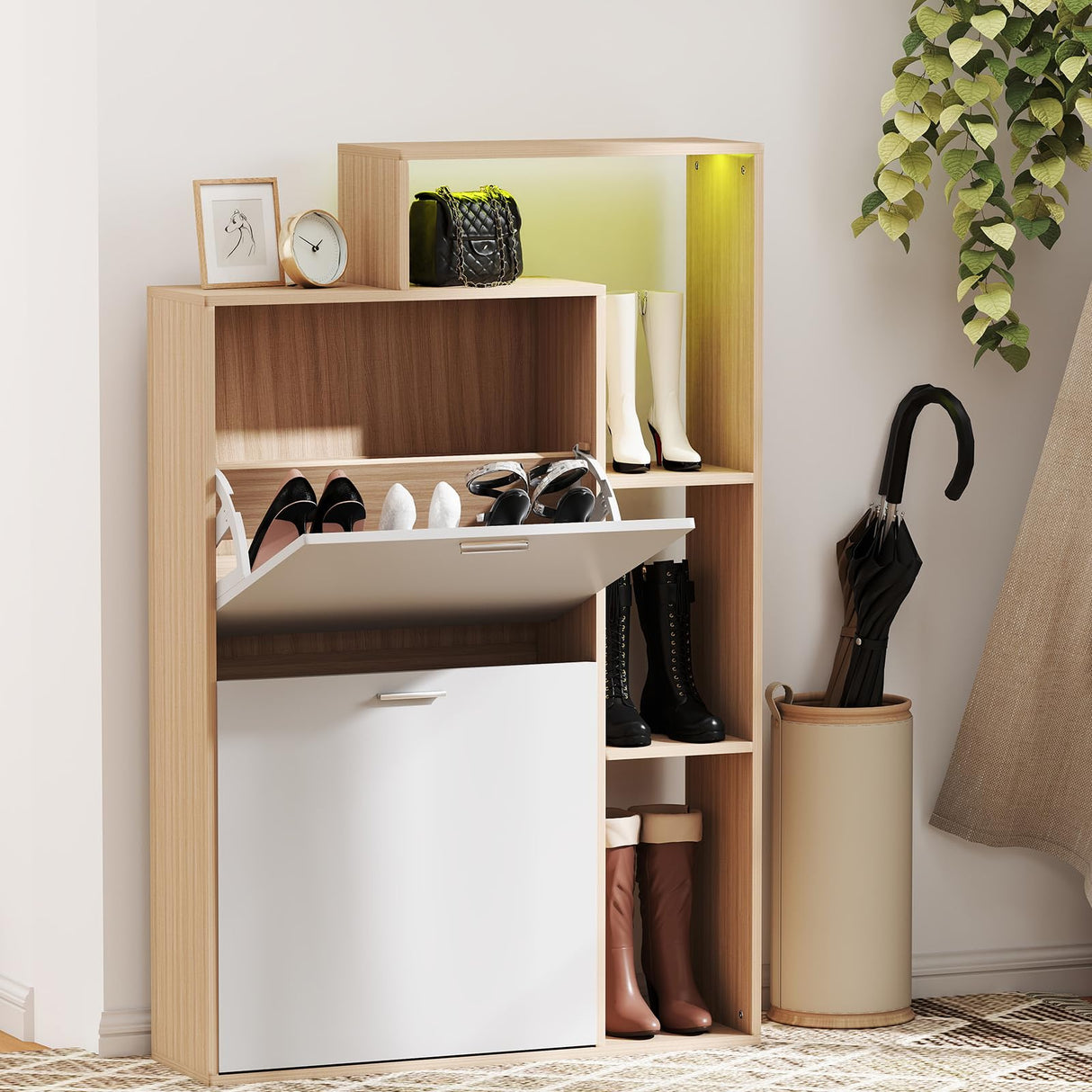 Bonzy Home Shoe Cabinet with 2 Flip Drawers, Modern Hidden Shoe Storage with LED Light, Freestanding Shoe Organizer Cabinet for Entryway, Hallway, Oak & White Bonzy Home