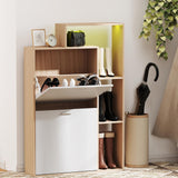 Bonzy Home Shoe Cabinet with 2 Flip Drawers, Modern Hidden Shoe Storage with LED Light, Freestanding Shoe Organizer Cabinet for Entryway, Hallway, Oak & White Bonzy Home