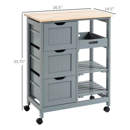 HOMCOM Rolling Kitchen Island Cart, Bar Serving Cart, Compact Trolley on Wheels with Wood Top, Shelves & Drawers for Home Dining Area, Grey - WoodArtSupply