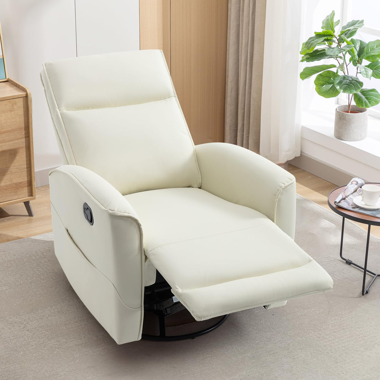 CANMOV Rocker Recliner Chair,360°Swivel Nursery Glider Recliner,Manual Recliner Sofa with Padded Armrest and Backrest,Leather Recliner for Small Spaces,Living Room,Bedroom,White CANMOV