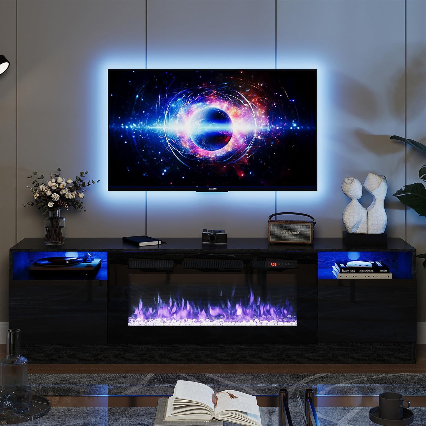 oneinmil Fireplace TV Stand with 36" Electric Fireplace, LED Light Entertainment Center, Modern Wood Texture Entertainment Stand with Highlight Storage Cabinet for TVs Up to 80", 70 inches, B - WoodArtSupply