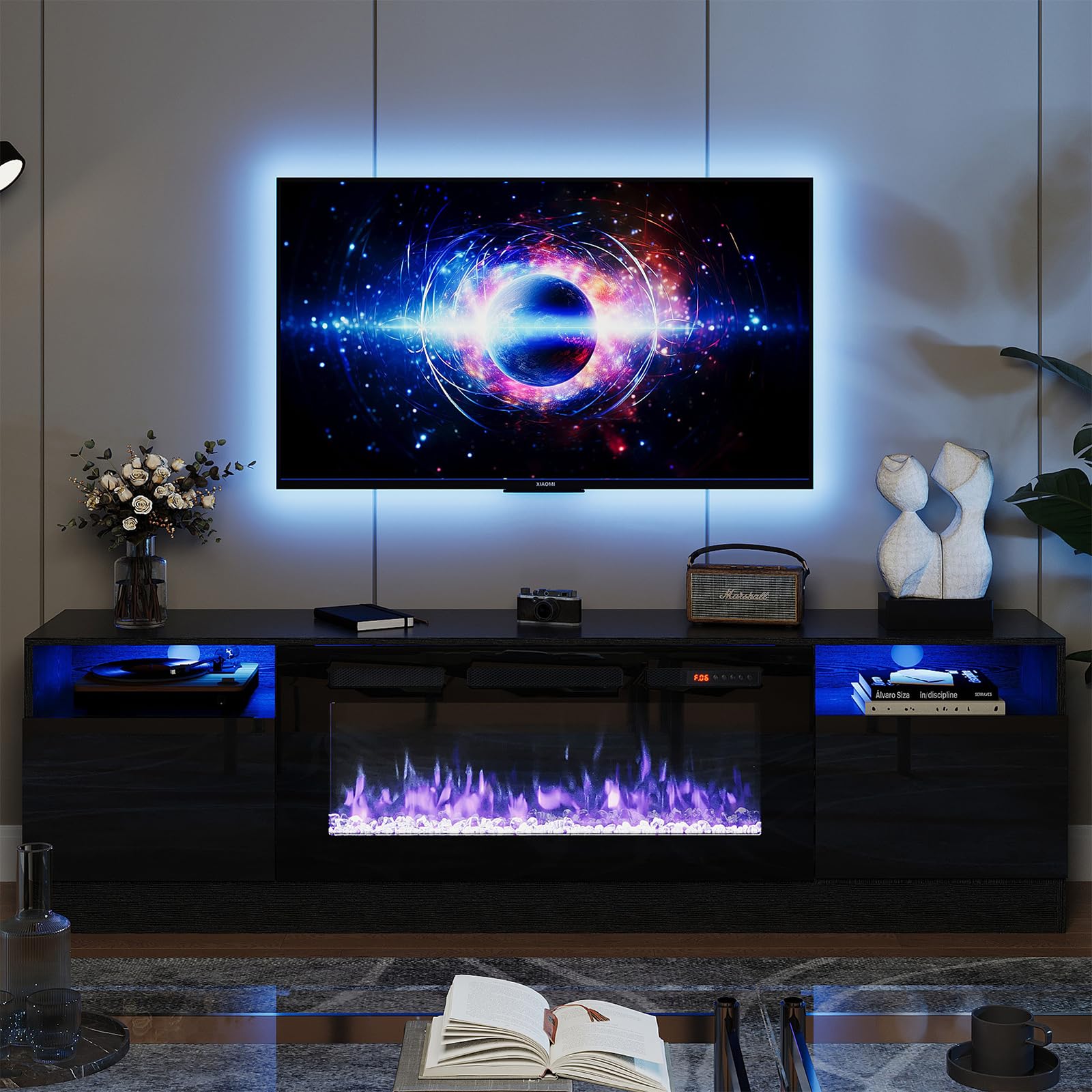 oneinmil Fireplace TV Stand with 36" Electric Fireplace, LED Light Entertainment Center, Modern Wood Texture Entertainment Stand with Highlight Storage Cabinet for TVs Up to 80", 70 inches, B - WoodArtSupply