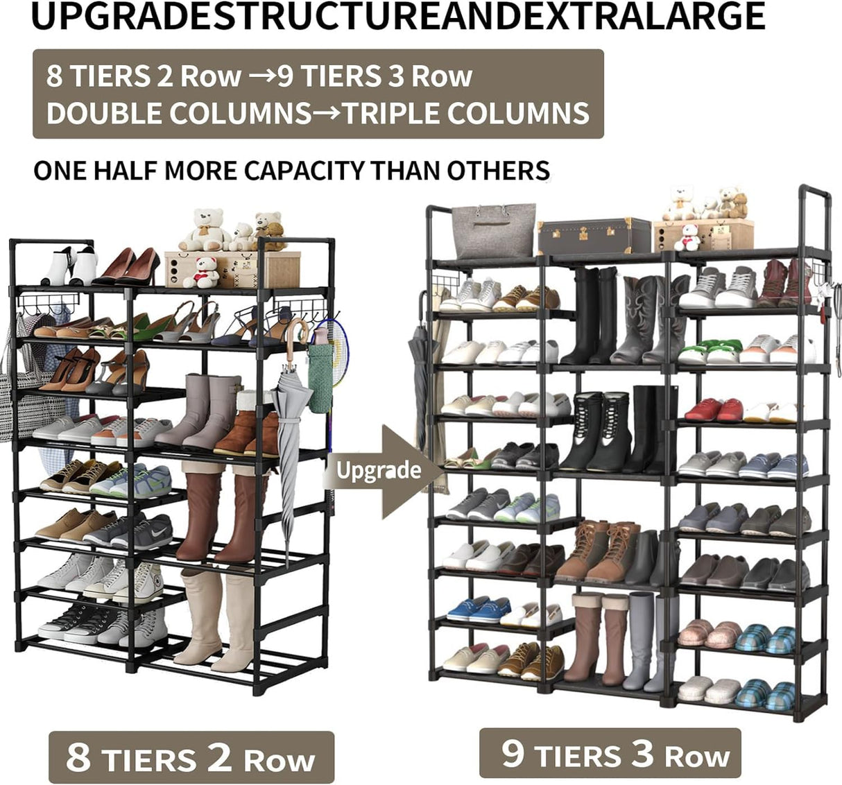 Piggy-G 9 Tiers Shoes Rack for Entryway, Shoe Organizer with Hook Rack, Shoe Storage Shelf Organizer Stackable Long Shoe Shelf for Hallway Entryway, Closet, Garage, Bedroom, Cloakroom Piggy-G