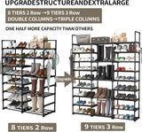Piggy-G 9 Tiers Shoes Rack for Entryway, Shoe Organizer with Hook Rack, Shoe Storage Shelf Organizer Stackable Long Shoe Shelf for Hallway Entryway, Closet, Garage, Bedroom, Cloakroom Piggy-G