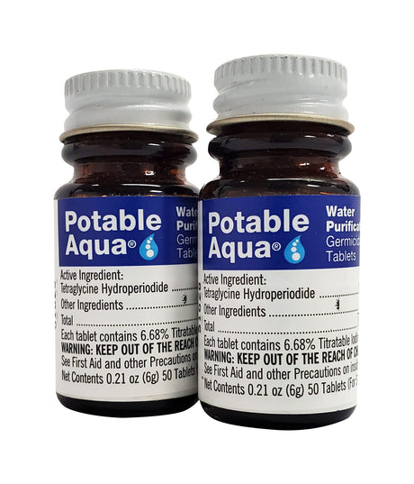 Potable Aqua Water Purification Tablets, Portable and Effective Water Purification Solution for Camping, Hiking, Emergencies, Natural Disasters and International Travel, Two 50ct Bottles, Blue potable aqua