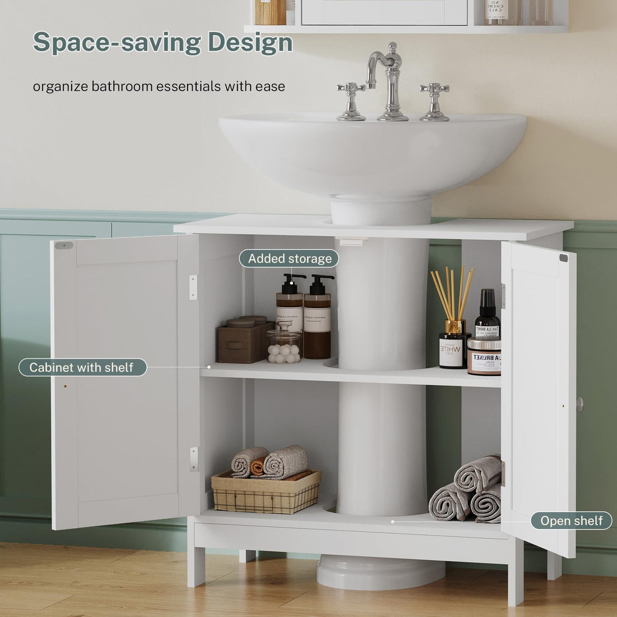 TEENFON Pedestal Sink Storage Cabinet, Under Sink Cabinet with 2 Doors & Shelf, Under Bathroom Sink Cabinet, Pedestal Sink Storage for Bathroom, White TEENFON