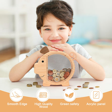 Summidate Custom Wooden Piggy Bank for Kids Boys Girls, Large Unbreakable Bills Coin Money Saving Box, Personalized Children Birthday Gift, Nursery summidate