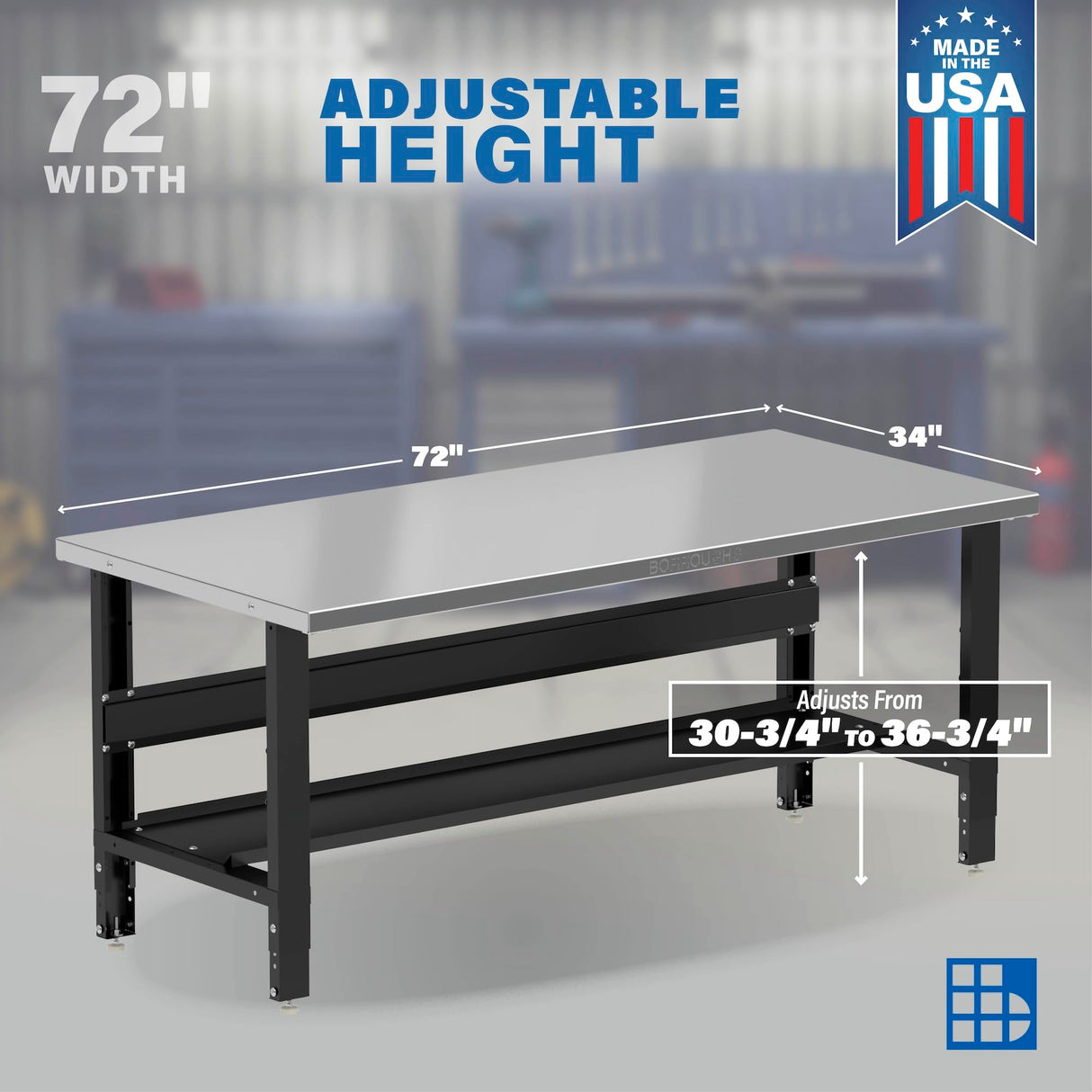 Borroughs 72" x 34" Adjustable Workbench, Stainless Steel Top, Heavy-Duty Workstation with Bottom Shelf, 2000 LB Capacity for Warehouse, Automotive, Garage, Education, Government, Office, Home Borroughs