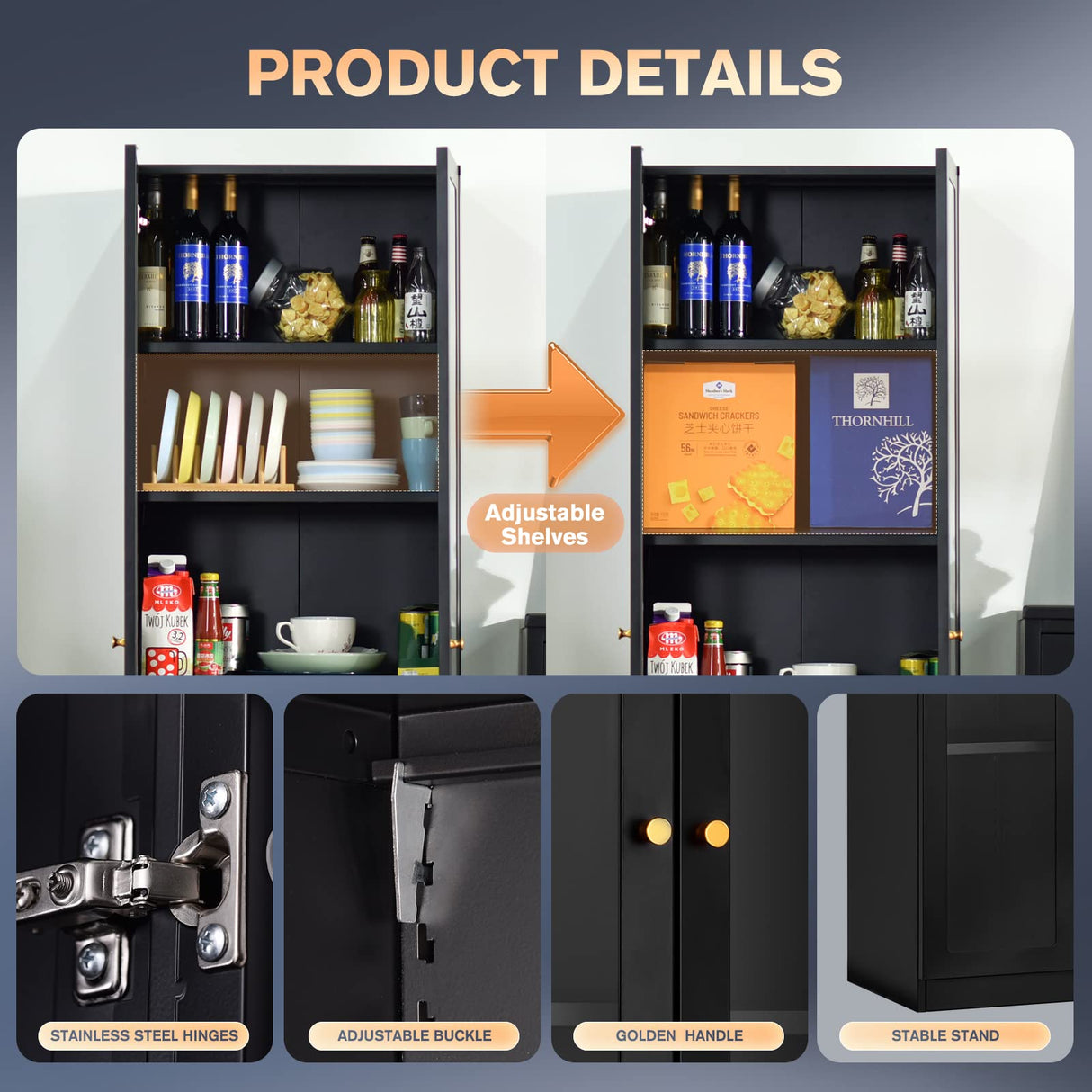 Alvisyd 5 Tier Metal Curio Cabinets, Modern Bookshelf Cabinet with 4 Adjustable Shelves, Cabinet Display Case for Home Office, Living Room, Pantry (Black) Alvisyd