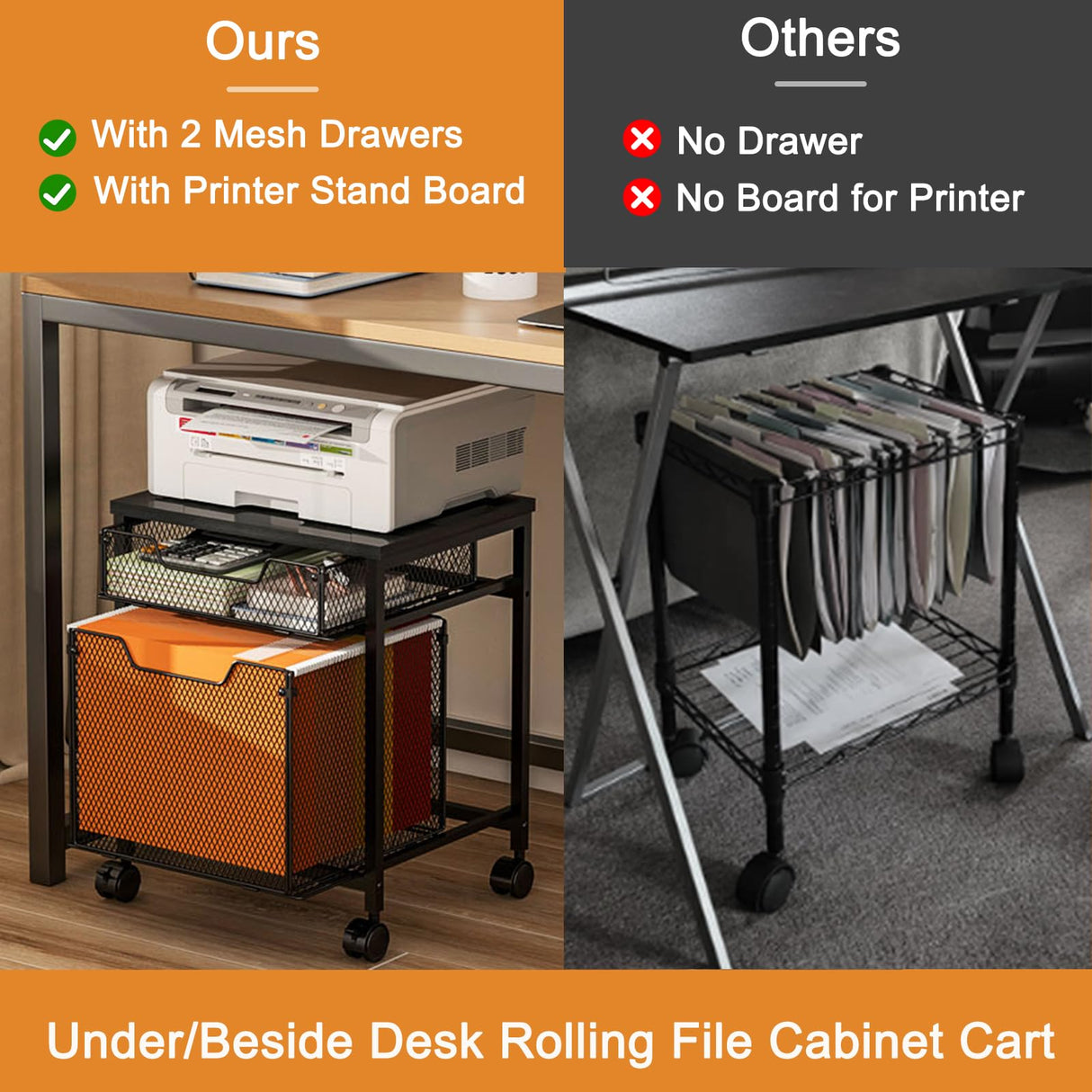 Rolling File Cabinet Cart, Printer Stand with Storage Drawer, Mobile Filing Cabinet on Lockable Wheel, Printer Cart with Hanging File Folder Organizer Beside Under Desk for Office Home(Patent Pending) Tiaoheka