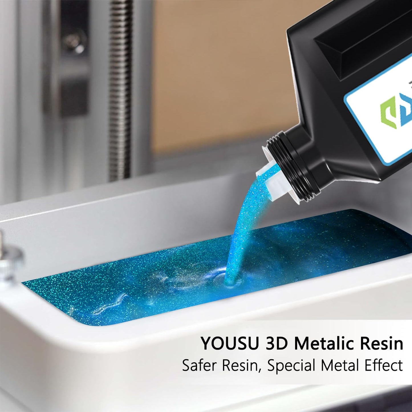 YOUSU 3D Printer Metallic Resin,Fast Curing 3D Metal Printing Resin 1KG, Magical Metallic Effect Photopolymer Resin for LCD DLP 3D Printing (1000g,Metal Blue Zine)