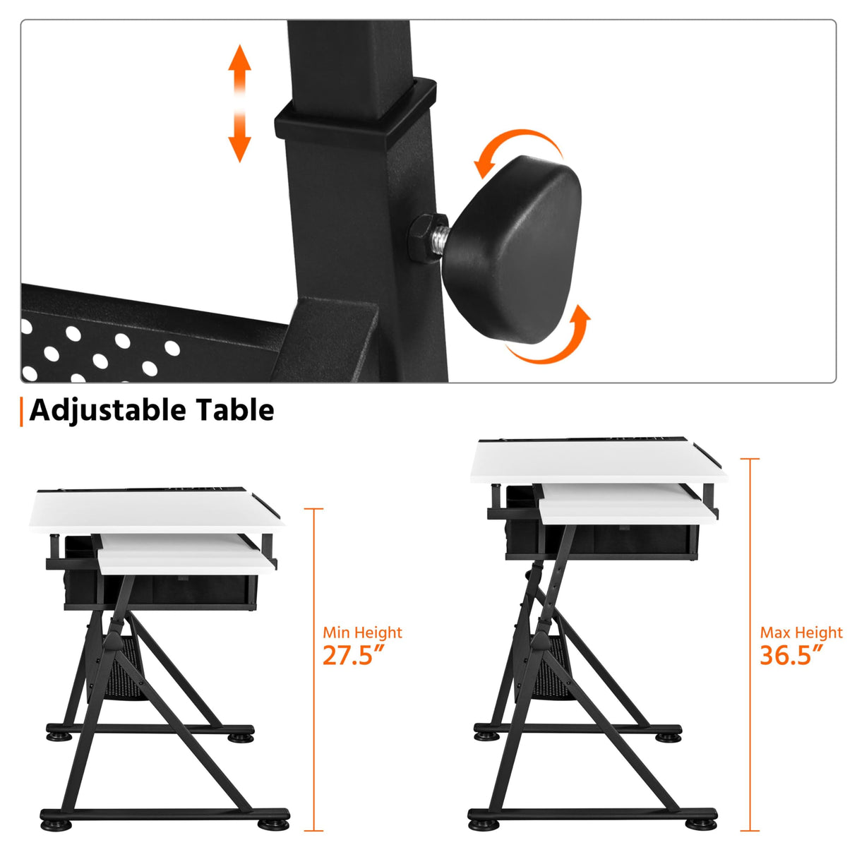Yaheetech Height Adjustable White Art Desk for Adults, Tilting Tabletop Drafting Drawing Table with Extra Large Desktop and Drawers, Foldable Stand up Craft Painting Table and Chair Set with Stools Yaheetech