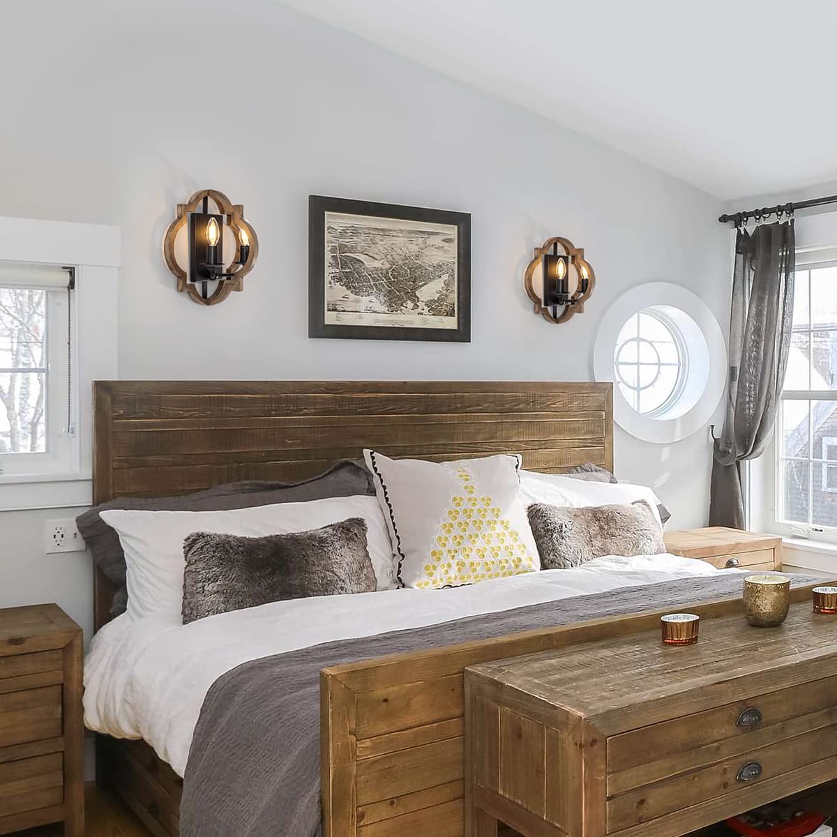 VILUXY Wood Wall sconces Retro Industrial Geometric Lantern Bedside Wall Sconce Lighting Fixture Black Wall Lamp for Bedroom, Hallway, Entryway, Passway, Dining Room 2 Pack VILUXY