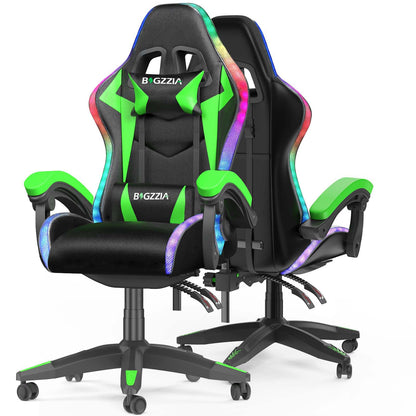 Gaming Chair with RGB LED Lights, Ergonomic Computer Chair for Adults with Headrest and Lumbar Support, Reclining Gamer Chairs with Racing Style, Swivel Seat, Backrest and Adjustable Height, Green