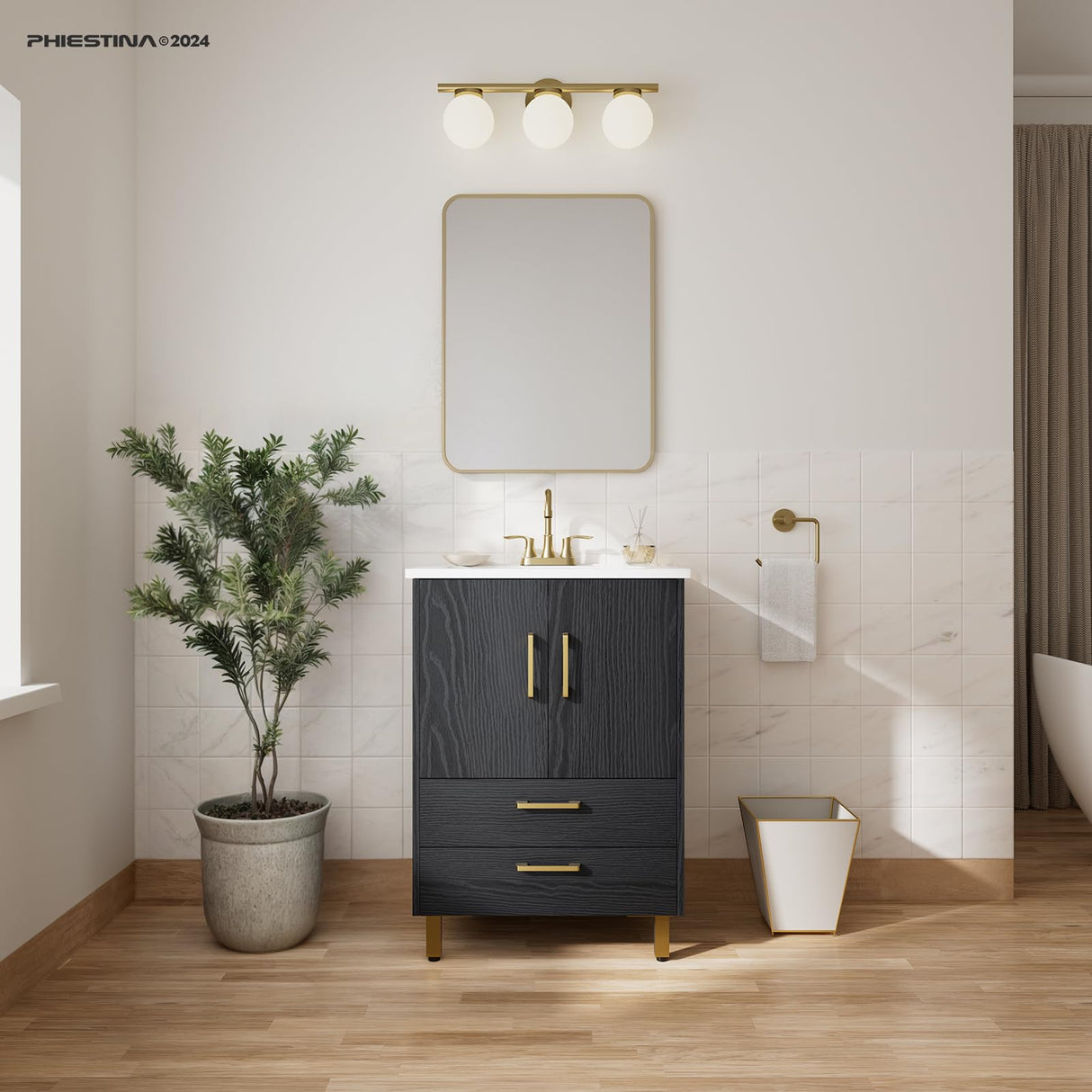 phiestina Fully Pre-Assembled Black 24 inch Bathroom Vanity, 2 Soft Close Doors and 2 Drawers Bathroom Storage Cabinet Set, with 3 Holes Single Ceramic Sink Combo, Faucet Not Included,BV02-BLACK-JH phiestina