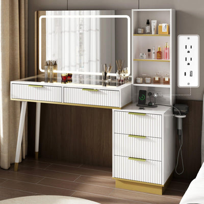 LUXOAK 54" Tall Vanity Desk with 35" W x 24" H Large Mirror and Lights, Large Makeup Vanity Table with 5 Drawers, 3 Shelves and Charging Station, Glass Top Desk for Dressing Room, Bedroom, White