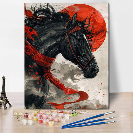 TUMOVO Adult Paint by Number Kits On Canvas, Japanese Style Painting by Numbers, Horse and Sun Painting by Numbers for Adults, Black Horse Color by Number, DIY Canvas Paint Wall Decor, 16 X20 Inch TUMOVO