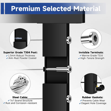 Gyykzz 2 Pack One-Stop Cable Railing Post Kits, 42" Fixed Top Level Drilled Line Post, Cable Railing System Including 2 Railing Post, 102ft Cable, 24 Terminal, 48 Cable Grommets (No Handrail) Gyykzz