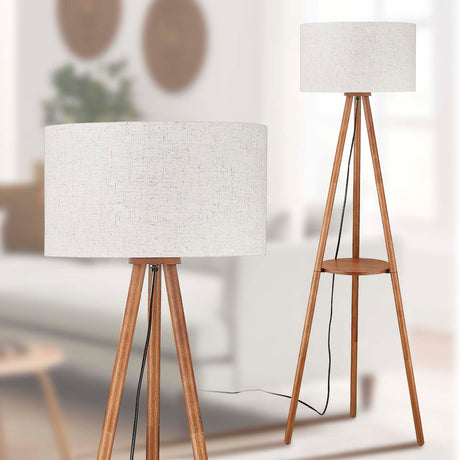 Baobab Tree Park Wood Tripod Floor Lamp with Shelves,Linen Shade Boho Wooden Floor lamp for Living Room, with Three Color temparature Bulb Included,footswitch,ETL Listed/Brown Wood Color Baobab Tree Park