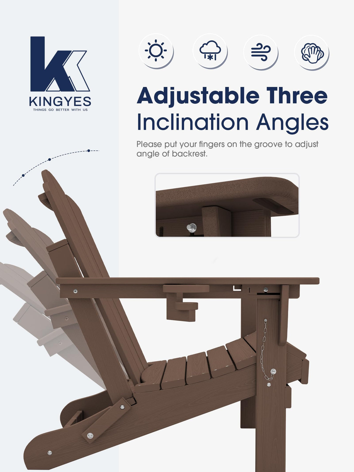 KINGYES Adjustable Folding Adirondack Chair, HDPE Reclining Adirondack Chair with Cup Holder, All Weather Resistance Embossing Oversize Adirondack Outdoor Chair, Brown KINGYES