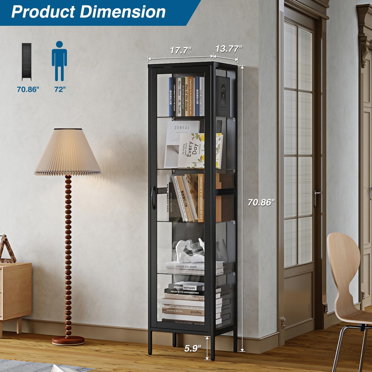 PEUKC Display Storage Cabinet with Glass Doors, 71 Inches Metal Curio Cabinets with 4 Adjustable Shelves, HD&Tempered Glass Cabinet Display Case for Home, Office, Pantry, Assemble Required (Black) PEUKC