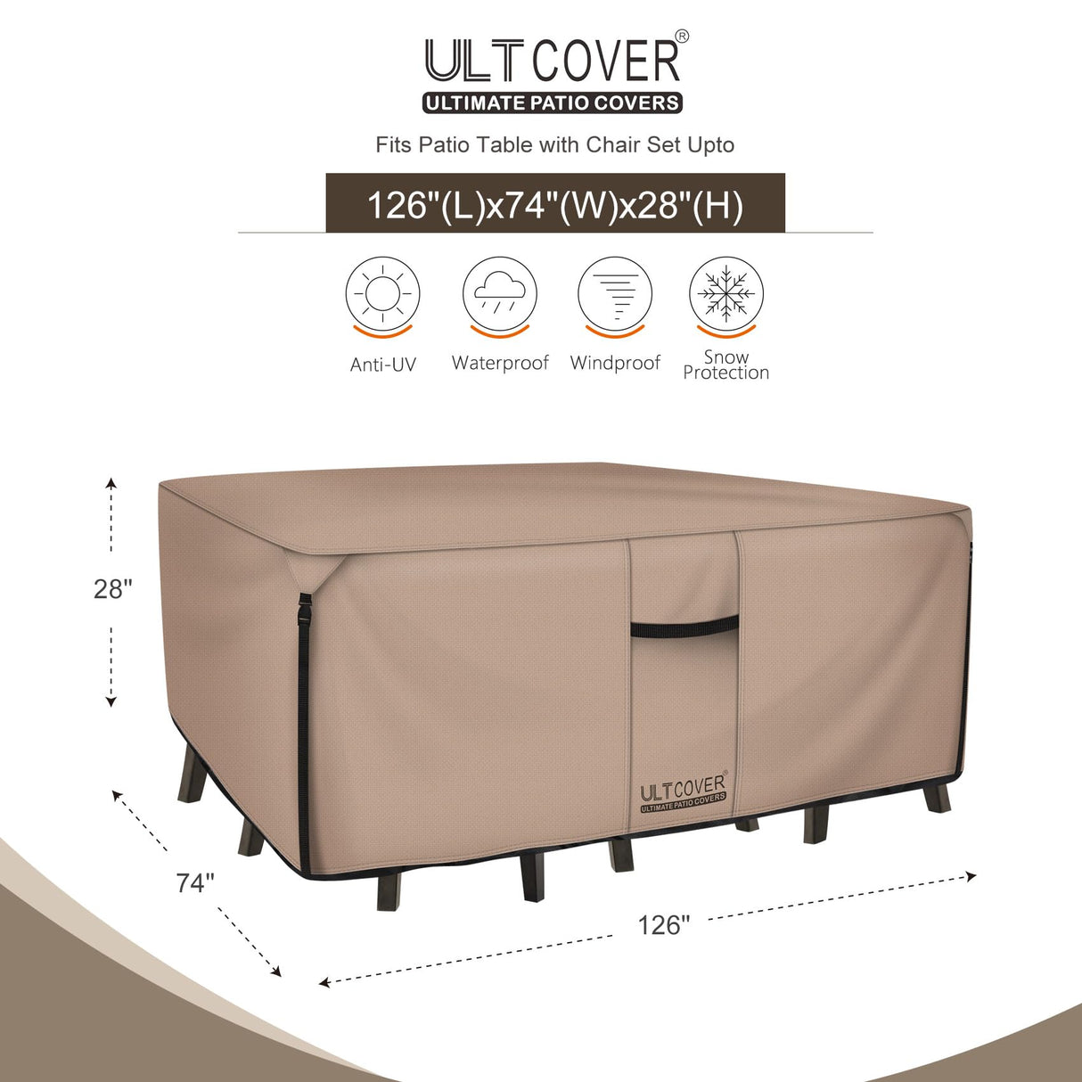 ULTCOVER Rectangular Patio Heavy Duty Table Cover - 600D Tough Canvas Waterproof Outdoor Dining Table and Chairs General Purpose Furniture Cover Size 126L x 74W x 28H inch ULTCOVER
