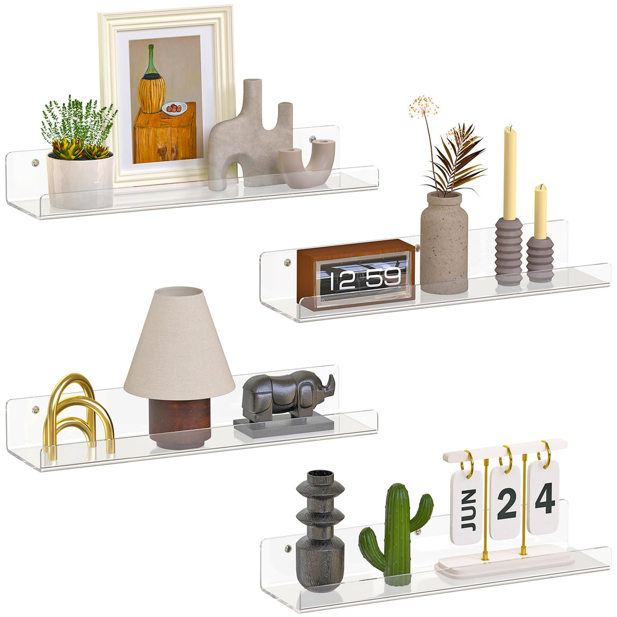 4 Pack Floating Shelves for Wall, 15" Clear Book Shelf, Acrylic Floating Wall Shelf, Display Shelves Organizer for Bathroom, Classroom, Bedroom, Living Room, Kitchen, Room Decor Dooiclear