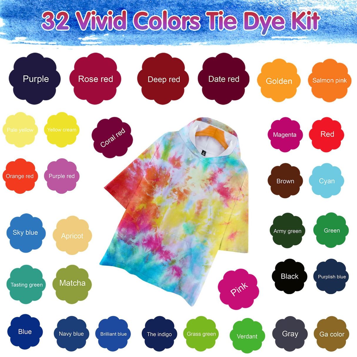 Tie Dye Kit 32 Color All-in-one Clothing Dye Kit, Permanent Fabric Dye Kit for Kids, Adults, Large Group Handmade Party Activity, DIY Bright Neon Tye Dye Kit MojiDecor