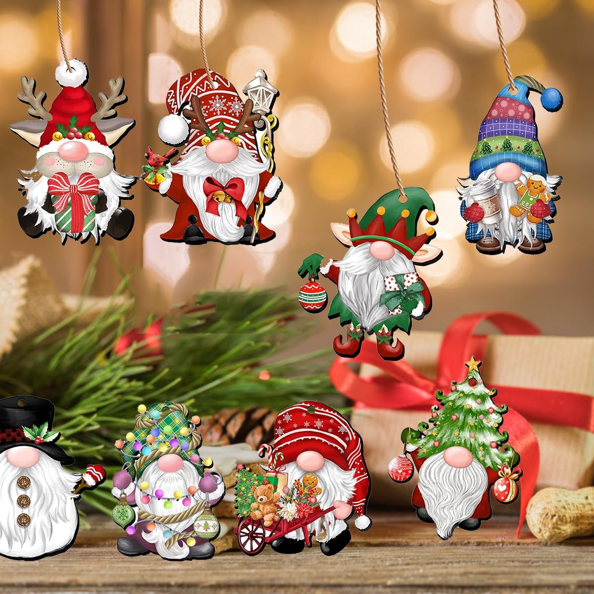 BJHSH 24Pcs Christmas Gnome Ornaments Unduplicates Wooden Hanging Ornaments,Gnome Wood Ornaments for Christmas Tree,Christmas Party Decorating Supplies Christmas Decoration BJHSH