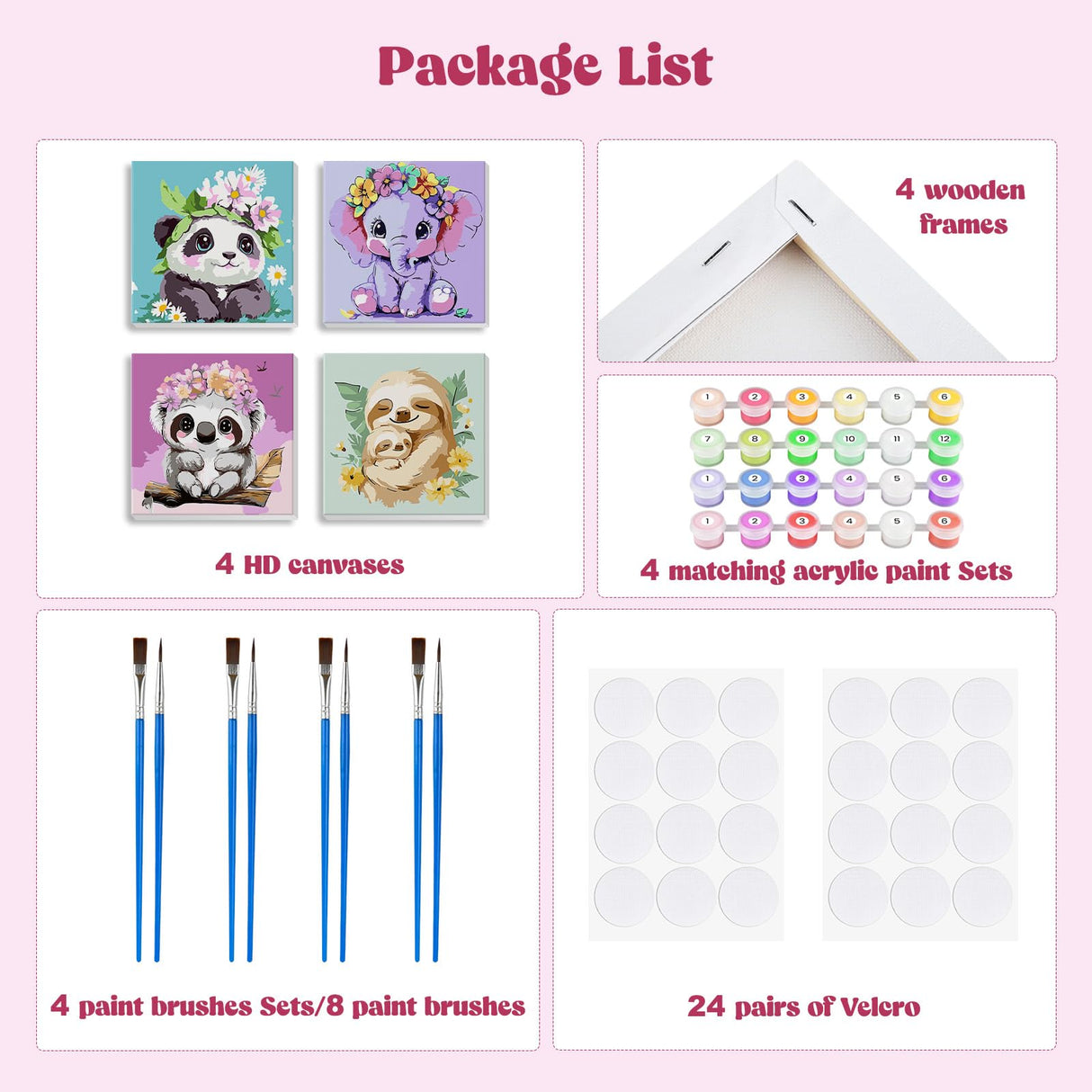 MXJSUA 4 Pack Framed Cute Animals Paint by Numbers for Kids Ages 6-12, Panda Elephant Sloth Koala Paint by Number Kits for Children Beginner, Acrylic Oil Painting for Home Wall Decor (8x8inch) MXJSUA