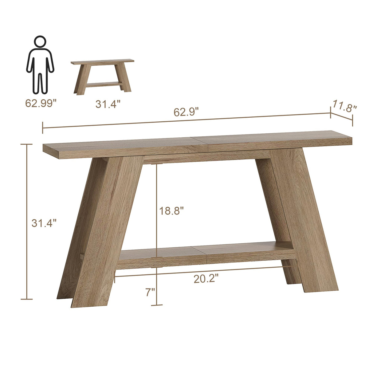 Treocho 63 Inch Long Farmhouse Console Tables for Entryway, 2-Tier Modern Wood Sofa Table with Shelf Behind Couch, Contemporary Narrow Entryway Table for Living Room, Hallway, Entrance, Walnut Treocho