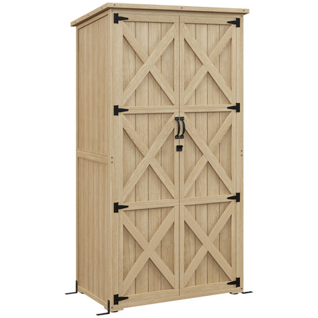 Outsunny Wooden Garden Shed, Outdoor Storage Cabinet with Waterproof Asphalt Roof, Narrow Tool Shed with Shelves and Lockable Doors, Natural Outsunny