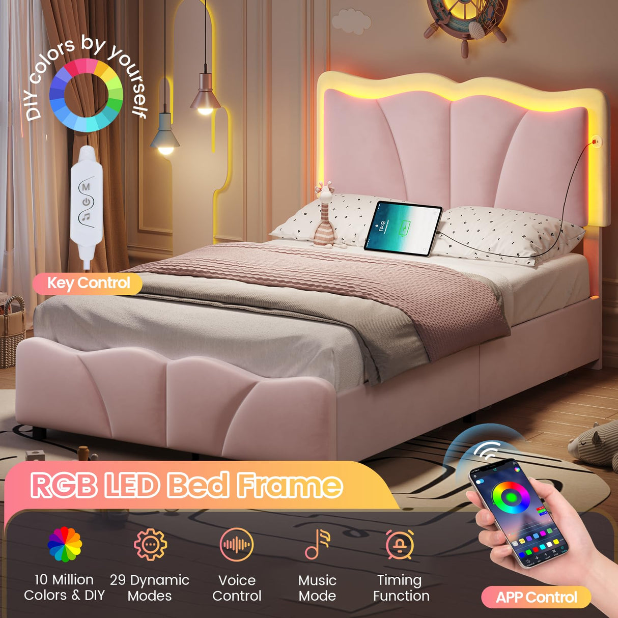 FORABAMB Twin Bed Frame with 4 Drawers, Upholstered LED Bed Frame with Adjustable Flowers Headboard, Platform Bed Frame Twin Size with Wooden Slats Support, No Box Spring Needed, Pink FORABAMB