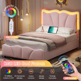 FORABAMB Twin Bed Frame with 4 Drawers, Upholstered LED Bed Frame with Adjustable Flowers Headboard, Platform Bed Frame Twin Size with Wooden Slats Support, No Box Spring Needed, Pink FORABAMB