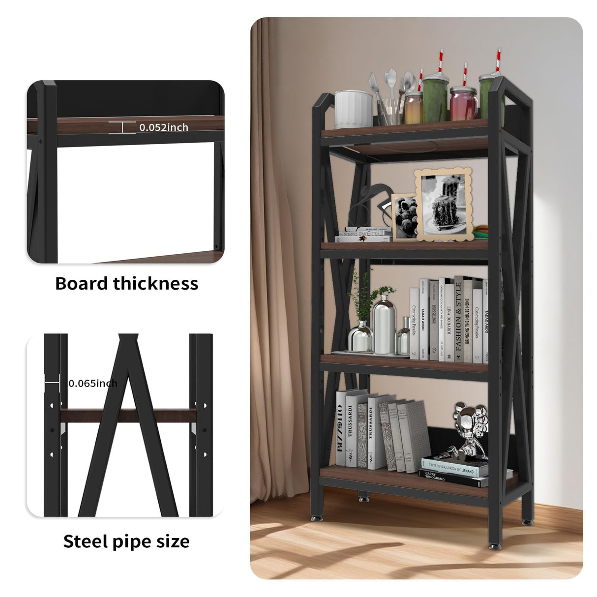 Bakers Rack with 4-Tier Adjustable Wood Shelves, Heavy-Duty Metal Frame Kitchen Shelf Organizer, Microwave Stand for Kitchen, Living Room, Apartments, 25.6" Wider Sailret