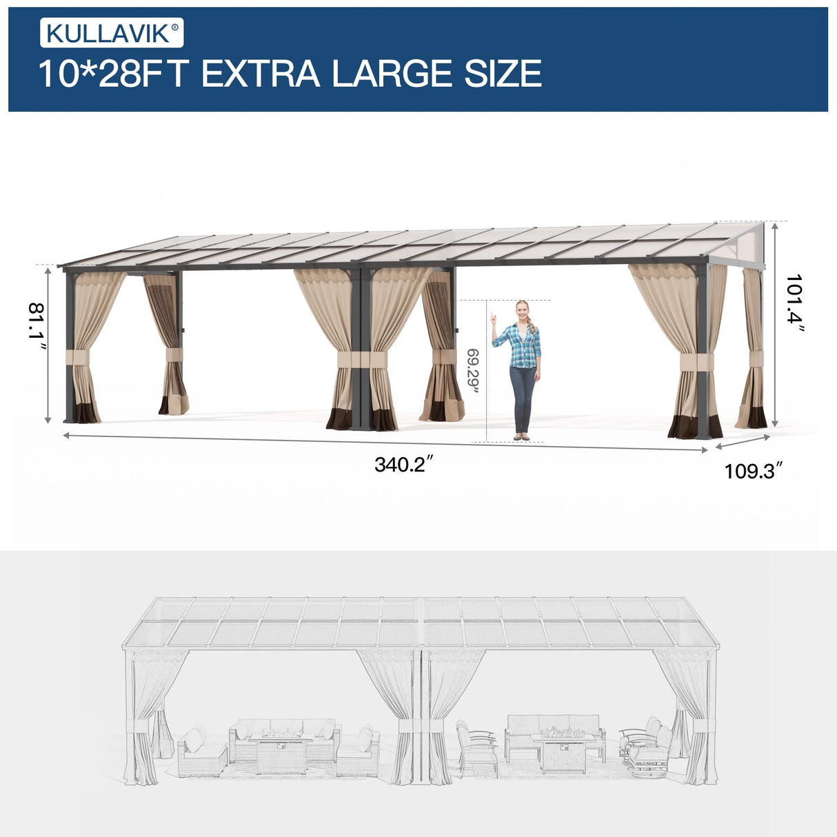 Kullavik 10' × 28' Hardtop Gazebo for Patio,Wall-Mounted Lean to Gazebo Pergola with Sloping Roof and Durable Aluminum Frame,Large Heavy Duty Awnings for Decks,Backyard,Sand Kullavik