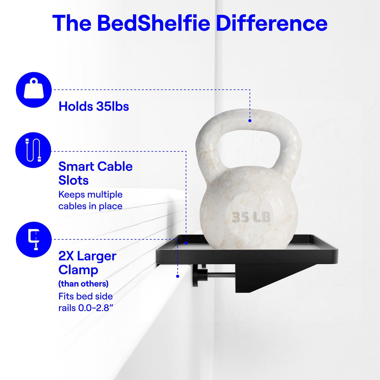 BedShelfie Bedside Shelf, Bunk Bed & Top Bunk, College Dorm Room Essentials, Clip On Nightstand, Bed Side Table Tray Organizer, Dorm Room Decor, College Dorm Essentials - Cable Catch, Black BedShelfie