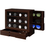 AUTOARK Wooden Watch Sunglass Display Case,12 Watch Box with Jewelry Drawer,Watch Eyeglass Holder with Window,Vertical Storage,Gift Idea,Walnut,AW-185 AUTOARK