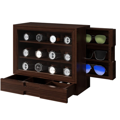 AUTOARK Wooden Watch Sunglass Display Case,12 Watch Box with Jewelry Drawer,Watch Eyeglass Holder with Window,Vertical Storage,Gift Idea,Walnut,AW-185 AUTOARK